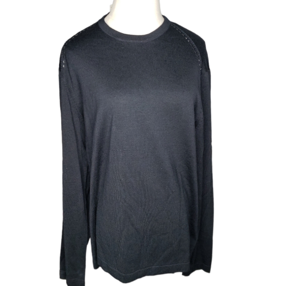 Perry Ellis Crewneck Silk Blend Sweater Top Faux Leather Shoulder Detail Large